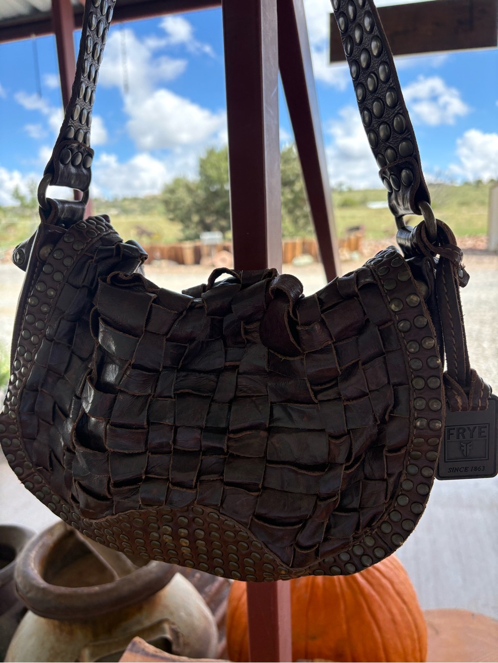 Frye Stacy Studded Leather Woven Shoulder Bag